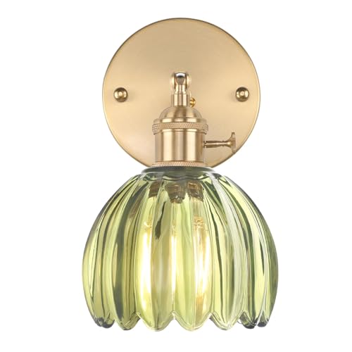 Vintage Wall Sconces with Cute Green Tulip Glass Lampshade 180 Degree Adjustable Brass Sconces Hradwired Modern Wall Lighting Fixture with Switch for Bedside Bedroom Doorway