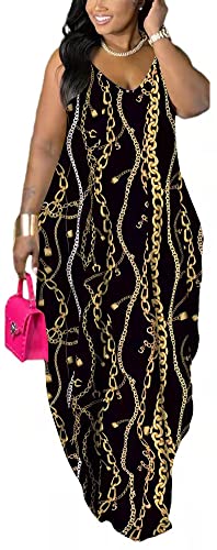 Women's Casual Maxi Dress Sleeveless Tie Dye Spaghetti Strap Summer Plus Size Swing Sundress with Pockets 3X Black