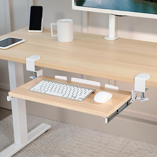 Image of VIVO Small Clamp-on Computer Keyboard and Mouse Under Desk Slider Tray, 20 x 11 inch Pull Out Platform Drawer, Light Wood, MOUNT-KB05ES-A | Keyboard Tray for Typing, Slide Out Platform, Extra Sturdy C-Clamp Mount System, Computer Drawer, White Frame