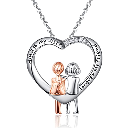 KINGWHYTE Sister halsband Always My Sister Forever My Friend 925 sterling silver hjärtformad vänskap halsband syster gåvor födelsedagspresenter för bästa vänner kvinnor flickor, Sterlingsilver