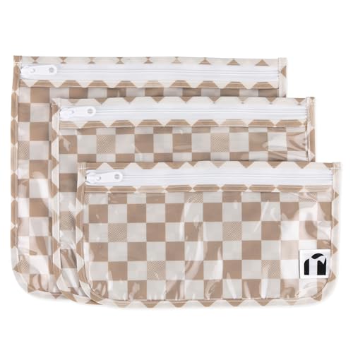 Image of Bumkins Roamio Travel Bag, Toiletry, TSA Approved Pouch, Zip Quart Size Airline Compliant, Clear-Sided, Baby, Diaper Organization, Makeup, Accessories, Packing, Set of 3 Sizes, Beige Check