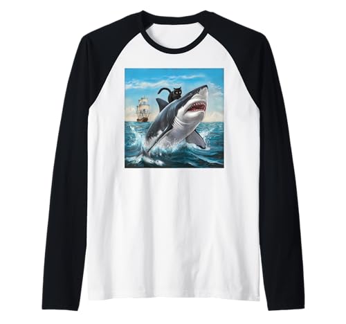 Cat Ridding On Shark Humorous Playful Men Women Funny Summer Maglia con Maniche Raglan
