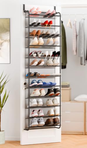 Image of Whitmor 36 Pair Over the Door Shoe Rack,12 Tier Hanging Shoe Organizer with Metal Frame & Mesh Shelves, Heavy Duty Shoe Storage Holder for Door, 74 inch H x 21.7 inch W x 7.5 inch D, Matt Gunmetal
