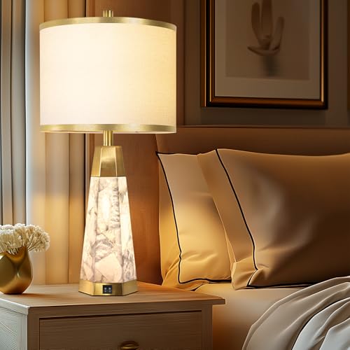 27" Natural Alabaster Table Lamps Set of 2 - Lamps for Living Room with Night Light, Bedside lamps with White Linen Shade, Nightstand Table Lamp with USB A+C Port for Bedroom Office (bulb included) - Image 6