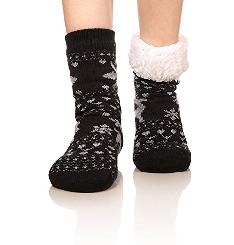 FRALOSHA Women's Slipper Socks Warm Fuzzy Fleece-lined Indoor Anti-Skid Floor Socks 3 Pairs Christmas Gift3