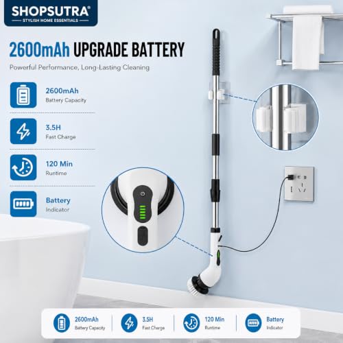 Image of Electric Spin Scrubber with Detachable Telescopic Handle, Rechargeable Cleaning Brush with Multiple Brush Heads and Pads, Battery Indicator Display