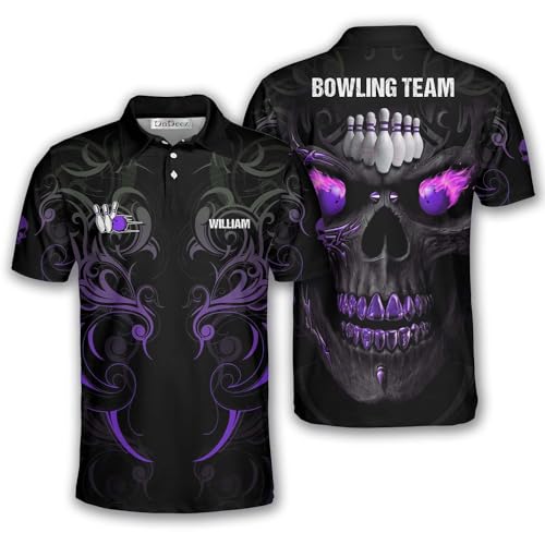 DnDeez Custom Bowling Shirts for Men, 3D Print Bowling Shirts Unisex Polo Flaming Skull, 2XL Purple
