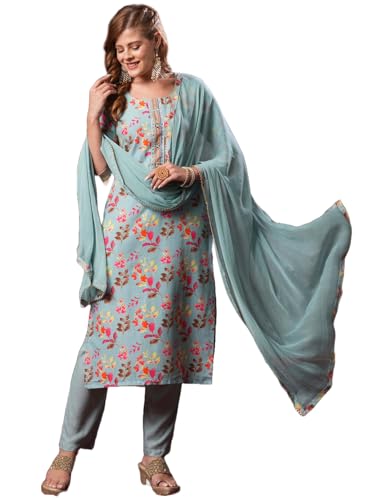 Image of GoSriKi Women's Cotton Blend Printed Straight Kurta and Pant with Dupatta Set