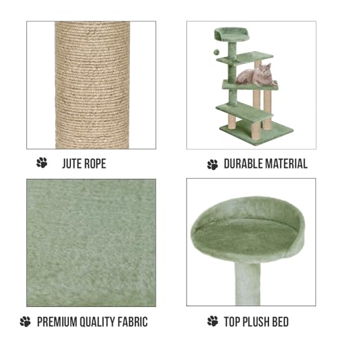 Image of Cat Tree Tower, Multi-Level, Grey, Sisal Scratching Posts, 36 Inch Height, with Perch and Hanging Toy (FURR-40) (Green)