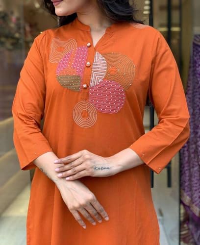 Image of Mehraj Online Store Women's Cotton Embroidery Straight Kurti Pant With Dupatta Set