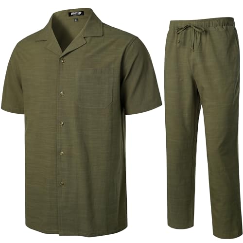 Image of JEMITOP Men's 2 Piece Outfits Summer Relaxed Fit Walking Suit Casual Cuban Guayabera Shirt and Pants Set Beach Vacation