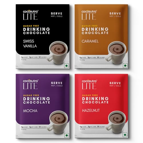Image of Cocosutra LITE Sugar Free Drinking Chocolate Sachets | Hot or Cold | 4 Flavours | Low Carb, Low Calorie | Stevia & Erythritol | Vegan | Ready in 2 Minutes | 4 x 20g