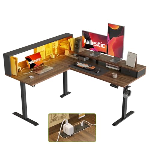 Image of Agilestic L-Shaped Electric Standing Desk, 63x55 Inch Ergonomic Adjustable Height Desk with Storage, Stand Up Corner Desk Sit Stand Computer Table Power Outlet & LED Lights, Office Table, Dark Walnut