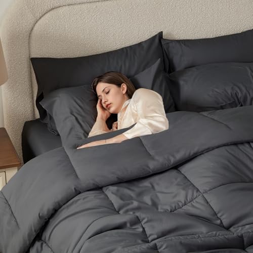 Anluoer Full Size Bed in a Bag 7 Pieces, Dark Grey Bed Comforter Set with Sheets, All Season Bedding Sets with 1 Comforter,2 Pillow Shams,2 Pillowcases, 1 Flat Sheet,1 Fitted Sheet