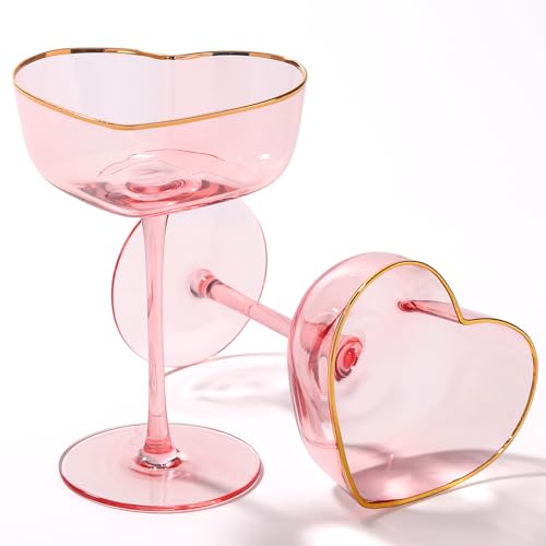 Pink Coupe Glasses Set of 2, Heart-Shaped Martini Glasses with Go...