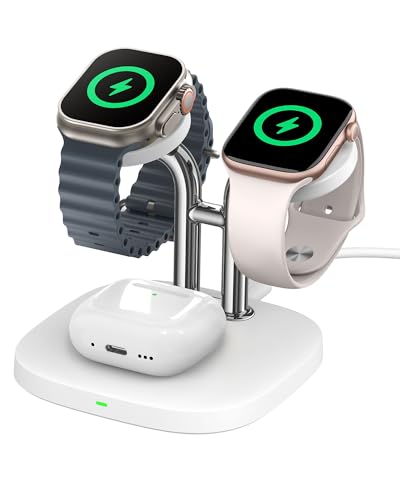 SwanScout Dual Watch Charger Stand for Apple Watch SwanScout 704A 3 in 1 Wireless Charging Station for Apple Watch Ultra 3/SE 3/11/10/9/8/7/6/5/4 Wireless Charger Dock for Airpods 4/Pro 3/2 (White)