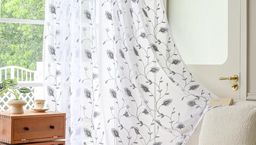 Image of White-Grey Sheer Curtains 84 Inches Long, Floral Embroidered Rod Pocket Sheer Drapes for Living room, Bedroom, 2 Panels, 52 inchx 84 inch, Semi Crinkle Voile Window Treatments for Yard, Patio, Villa, Parlor