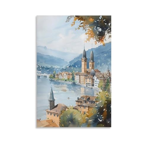 Zurich - Póster de pared con diseño de acuarela de Suiza, impresión de viaje, decoración del hogar, sin marco, 60 x 90 cm