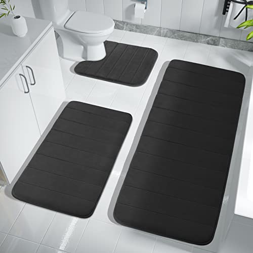Yimobra 3 Pieces Memory Foam Bath Mat Sets, 44.1X24 + 31.5X19.8 And U-Shaped For Bathroom Rugs, Toilet Mats, Non-Slip, Soft Comfortable, Water Absorption, Machine Washable, Black #TOP25