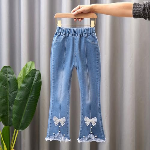 Girl's High Waist Flare Leg Jeans Washed Y2k Cute Bow Pearls Split Raw Hem High Elastic Waisted Denim Pants 2-12 Years2