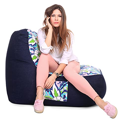 Image of Style Homez Urban Design Denim Canvas Floral Printed Chair Bean Bag XXL Size Filled with Beans Fillers