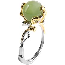 Minimalist 10mm Round Natural Hetian Green Jade Ring for Women, 18k Gold Plated 925 Sterling Silver Adjustable Ring Jewelry Gift for Her