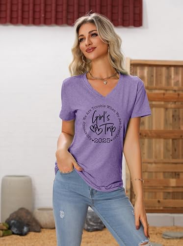 Girls Trip T Shirts for Women 2025 Funny Vacation Travel Shirt V Neck Short Sleeve Tee Besties Weekend Matching Shirts2