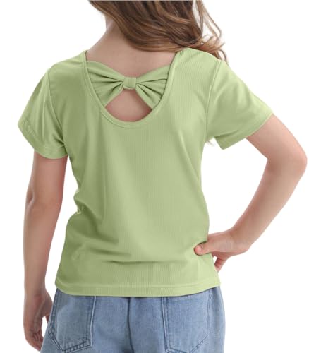 Girls Bowknot Short Sleeve Shirt Solid Color Summer Tee