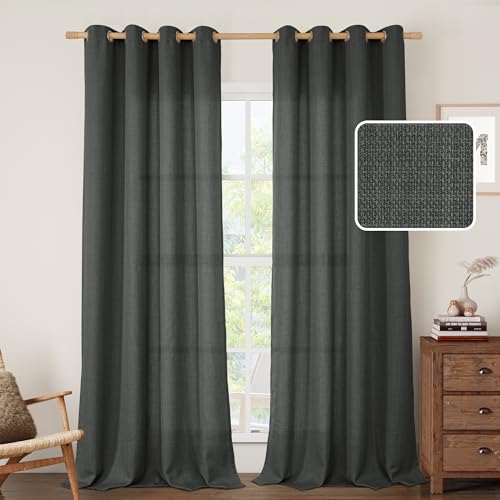 Image of LAMIT Dark Grey Linen Curtains 90 Inch for Bedroom, Grommet Thick Linen Textured Burlap Curtains Light Filtering Privacy Panels for Living Room /French Door, Set of 2, 52 x 90 Inch