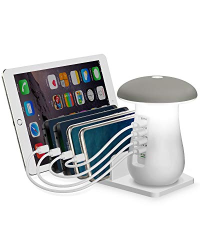 Brilex - Estación de Carga USB con lámpara de Escritorio, Control táctil, Regulable, lámpara de Mesa, 5 Puertos USB y luz Nocturna LED, Base de Carga y Organizador para Smartphones