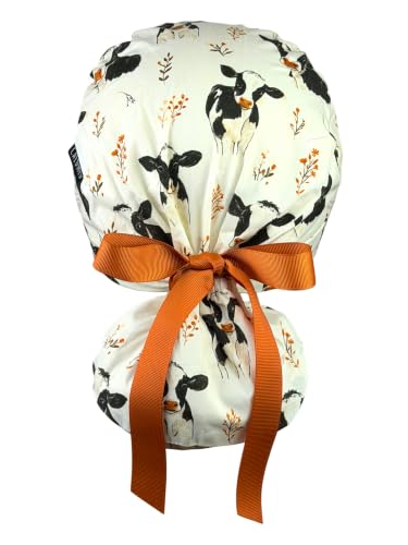 Image of Scrub Cap for Women and Men, Ponytail Scrub Caps, Working Hat, Head Cover with Ribbon Ties and Buttons, Long Hair