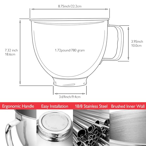 Image of Wiselet 5 Quart Stainless Steel Mixing Bowl for KitchenAid 4.5 & 5 Qt Tilt-Head Stand Mixer, 18 /8 Food-Grade Secondary Extra Bowl for Artisan Classic Series, Large Capacity for Meal Prep & Baking