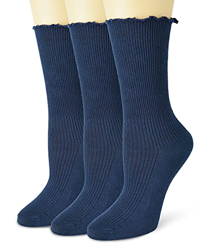 Women Ankle Socks, Super Soft Lolita Ruffle Turn-Cuff Striped Double Needle Combed Cotton Socks 3 Pairs
