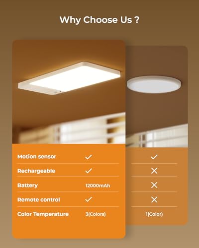 FULEN Rechargeable Motion Sensor Ceiling Light, 12000mAh Battery, LED Shower Light, Remote Control