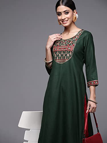 Image of INDO ERA Women's Cotton Straight Fit Embroide Calf Length Straight Kurta (KT4GN9262)