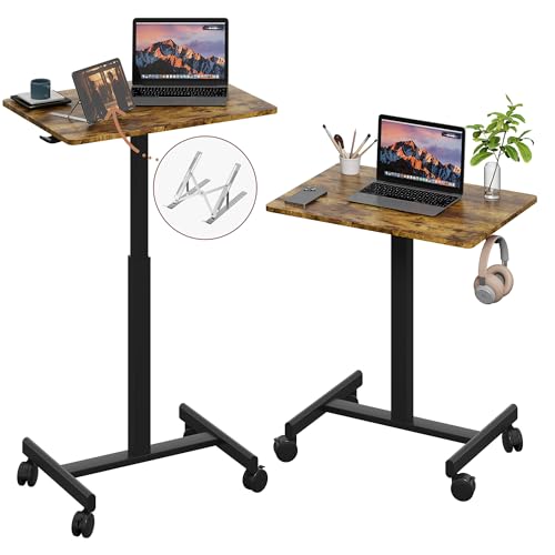 Image of Mobile Desk on Wheels, Pneumatic Height Adjustable, Brown+Black | 18.9 x 25.6 in Desktop, 26.1-40.1 in Height, Pneumatic Lift, T-Shaped Single Column Base, Lockable Casters, 22 lb Capacity