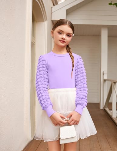 Arshiner Girls Puff Long Sleeve Shirts Ribbed Knit Cute Casual Crewneck Tops Blouse Tee4