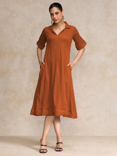 Image of Varanga Women Beige A -line Calf Length Dress Featuring Classic Shirt Collar and Short Sleeves which offering Comfort and Ease