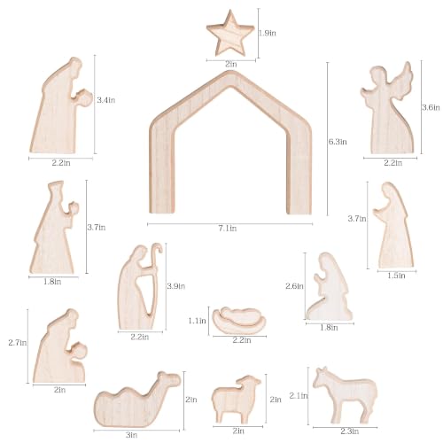 Image of NEROSUN Nativity Scene Set, 13Pcs Wooden Christmas Nativity Scene Miniature Holy Family Figurines, Minimalism Boho Tabletop Christmas Manger Decorations for Christan Indoor Home Mantel Display