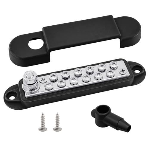 1/4" Stud & 12 x #8 Terminal Screws Ground Distribution Block Bus Bar, Ampper 5.3" 12V Nickle Plated Brass Battery BusBar Junction W/Cover for Auto Boat Solar and More (Black)