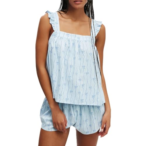 Image of ROAONOCOMO Women Floral Pajama Set Ruffle Babydoll Cami Top Coquette Pj Set Gingham 2 Piece Shorts Outfit Bridal Loungewear