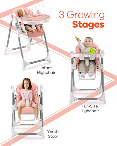 Heao Multi-Use High Chair For Babies & Toddlers, Easy Folding & Adjustable Highchair With 7 Height And 5 Recline Positions, Compact And Portable 360 Rotating Booster Seat With Removable Tray, Pink #TOP5