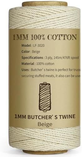 TJ.MOREE Butchers Twine, 3Ply 145m/476ft Thick Feet String Food Oven Safe Cotton Cooking Meat Rope Bakers Twine Fit to Parcel Sausage and Decorate Crafts (Beige, 1mm)