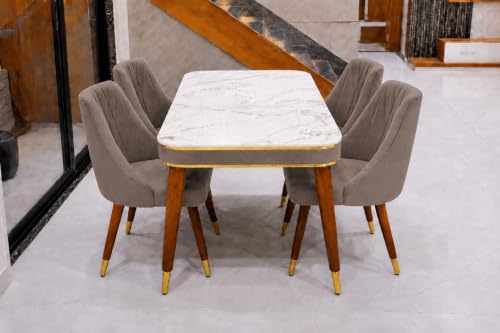 Image of WOODEN SPACE 4 Seater Wooden Dining Table Set | Urban Marble Top Dining Table with Chairs for Dining Room & Kitchen (Modern Frontline Brown) (54 x 36 x 30 inch)