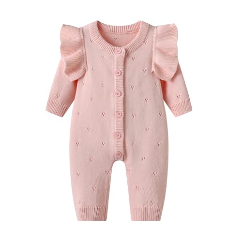 Lista de Punto para Bebé los 5 mejores. 43 Auro Mesa - Mameluco de punto de algodón rosa para bebé recién nacido, traje de una pieza con cierre de botón, ropa de bebé, Rosado, 0-3 Meses