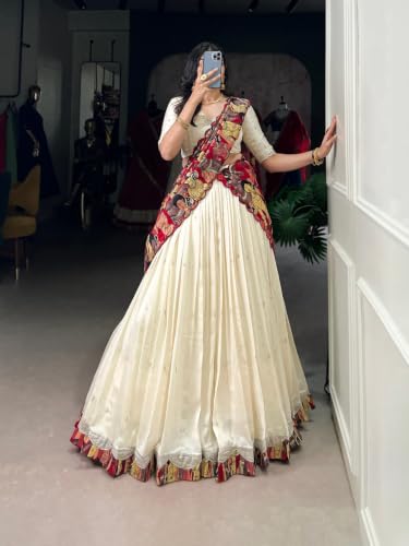 Image of Women's Cream Lehenga Choli with Dupatta | Stitched Tasar Silk Chaniya Choli | Kalamkari Print Ghagra with Lace Border | Flared Lehenga for Wedding Party Festive Wear
