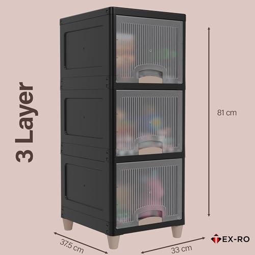 Image of TEX-RO 3XL Multipurpose Plastic Storage Cabinet with Drawers & Shelves | Wardrobe Organizer for Clothes | Toys & Books | Space-Saving Home Storage Cupboard | Black & Transparent