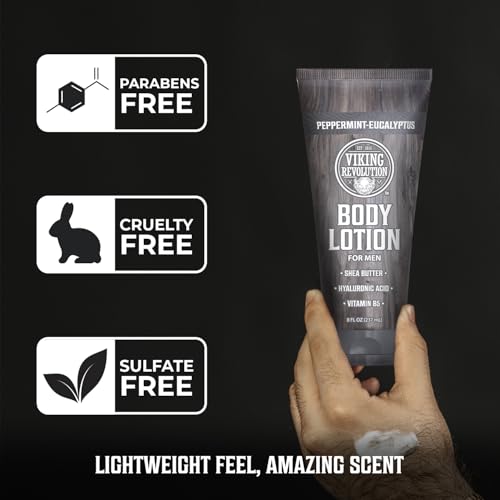 Image of Viking Revolution Peppermint Eucalyptus Body Lotion for Men -Mens Lotion for Dry Skin with Shea Butter, Hyaluronic Acid and Vit B5 -Nourishing Mens Body Lotion for Hydrated and Smooth Skin(8oz,1 Pack)