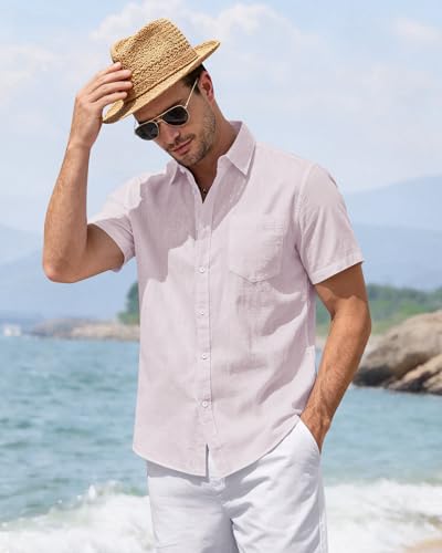 Image of J.VER Mens Linen Shirt Short Sleeve Button Down Casual Summer Shirts | Cotton Linen, Untucked, Big Tall, from Beach Camp Vacation, Cruise Fishing, Work Office, to Wedding Party Family, with Pocket