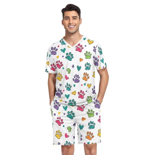 Colorful Paw Print Men’s Pajama Sets Short Sleeve Shirt and Pants with Soft Touch Fabric